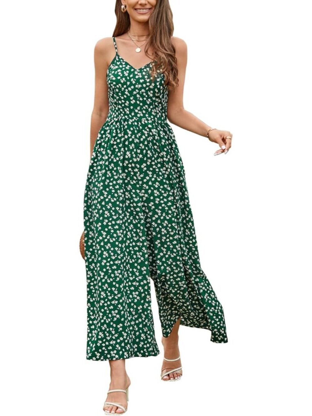 Women's Summer Floral Green Spaghetti Strap Smocked Long Rompers with Pockets